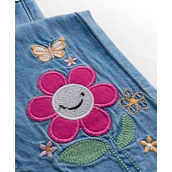 Babyhug Full Length Washed Denim Jeans With Floral Embroidery & Stretch - Light Blue