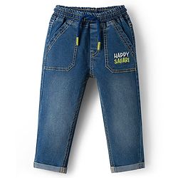 Babyhug Full Length Denim Jeans with Happy Safari Embroidery - Blue