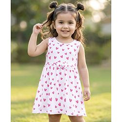 Babyhug Single Jersey Knit Sleeveless Frock with Heart Print & Bow Applique - White & Pink