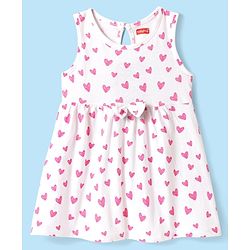 Babyhug Single Jersey Knit Sleeveless Frock with Heart Print & Bow Applique - White & Pink