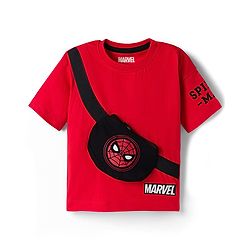 Babyhug Marvel Terry Knit Half Sleeves Oversize Drop Shouder T-Shirt With Functional Bag - Red
