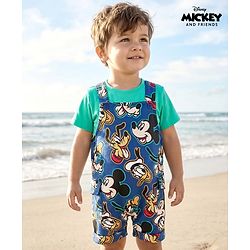 Babyhug Disney Cotton Knit Half Sleeves T-Shirt & Dungaree with Mickey Mouse Graphic - Blue