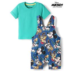 Babyhug Disney Cotton Knit Half Sleeves T-Shirt & Dungaree with Mickey Mouse Graphic - Blue