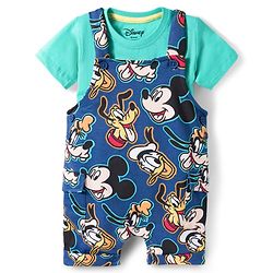 Babyhug Disney Cotton Knit Half Sleeves T-Shirt & Dungaree with Mickey Mouse Graphic - Blue