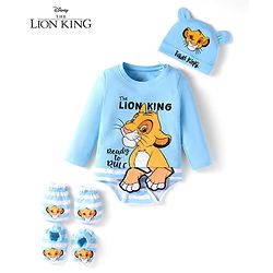 Babyhug Disney Interlock Knit Full Sleeves Onesie with Cap Mittens & Booties Lion King Graphic - Blue