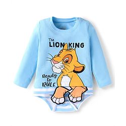 Babyhug Disney Interlock Knit Full Sleeves Onesie with Cap Mittens & Booties Lion King Graphic - Blue