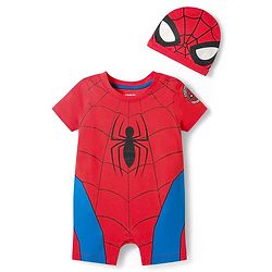 Babyhug Marvel 100% Cotton Knit Half Sleeves Romper With Spider Man Graphic & Cap - Red