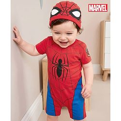 Babyhug Marvel 100% Cotton Knit Half Sleeves Romper With Spider Man Graphic & Cap - Red