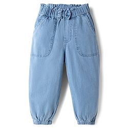Babyhug Full Length Solid Color Denim Joggers with Bow Applique - Light Blue