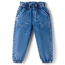 Babyhug Full Length Solid Color Denim Joggers with Bow Applique - Blue