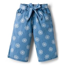 Babyhug Ankle Length Denim Culottes with Belt & Floral Print - Navy Blue