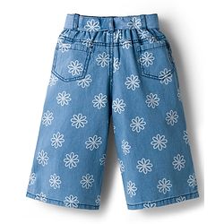 Babyhug Ankle Length Denim Culottes with Belt & Floral Print - Navy Blue
