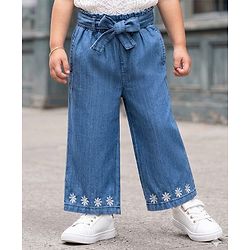Babyhug Denim Ankle Length Floral Embroidered Culottes With Belt - Blue