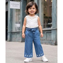 Babyhug Denim Ankle Length Floral Embroidered Culottes With Belt - Blue