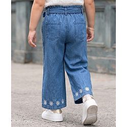 Babyhug Denim Ankle Length Floral Embroidered Culottes With Belt - Blue
