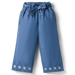 Babyhug Denim Ankle Length Floral Embroidered Culottes With Belt - Blue