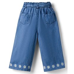 Babyhug Denim Ankle Length Floral Embroidered Culottes With Belt - Blue