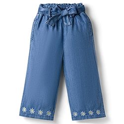 Babyhug Denim Ankle Length Floral Embroidered Culottes With Belt - Blue