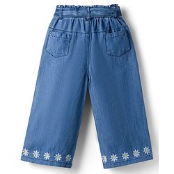 Babyhug Denim Ankle Length Floral Embroidered Culottes With Belt - Blue