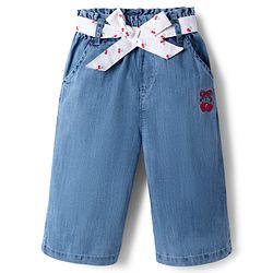 Babyhug Ankle Lenght Denim Culottes with Belt & Cherry Embroidery - Blue