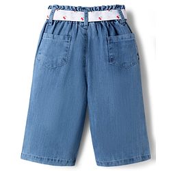 Babyhug Ankle Lenght Denim Culottes with Belt & Cherry Embroidery - Blue