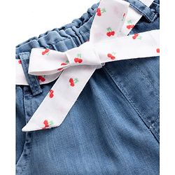 Babyhug Ankle Lenght Denim Culottes with Belt & Cherry Embroidery - Blue