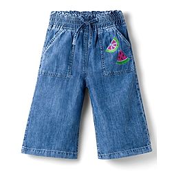 Babyhug Denim Capri With Watermelon Embroidery - Blue