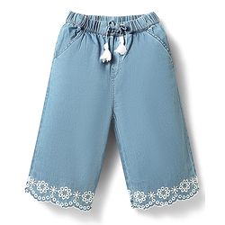 Babyhug Denim Cotton Ankle Length Washed & Floral Embroidered Jeans - Light Blue
