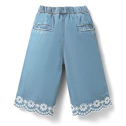 Babyhug Denim Cotton Ankle Length Washed & Floral Embroidered Jeans - Light Blue