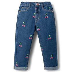 Babyhug Full Length Washed Cherry Embroidered Denim Jeans  with Stretch - Blue