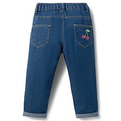 Babyhug Full Length Washed Cherry Embroidered Denim Jeans  with Stretch - Blue