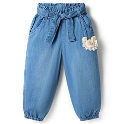 Babyhug Full Length Washed Denim Jogger with Mouse Applique & Belt - Blue