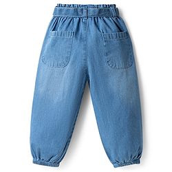 Babyhug Full Length Washed Denim Jogger with Mouse Applique & Belt - Blue