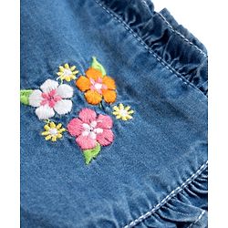 Babyhug 100% Cotton Mid Thigh Floral Embroidered Denim Shorts With Bow Applique - Blue