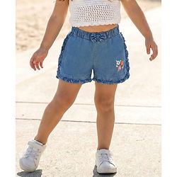 Babyhug 100% Cotton Mid Thigh Floral Embroidered Denim Shorts With Bow Applique - Blue