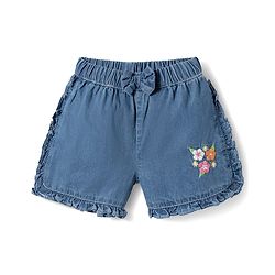 Babyhug 100% Cotton Mid Thigh Floral Embroidered Denim Shorts With Bow Applique - Blue