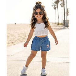 Babyhug 100% Cotton Mid Thigh Floral Embroidered Denim Shorts With Bow Applique - Blue