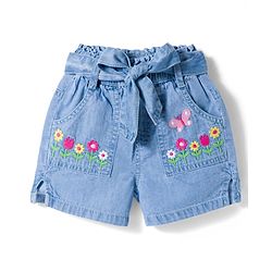 Babyhug Cotton Mid Thigh Length Washed Denim Shorts with Belt &  Floral Embroidery - Blue