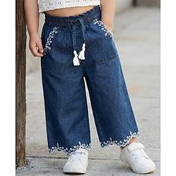 Babyhug Full Length Cotton Denim Palazzo with Embroidery - Navy Blue
