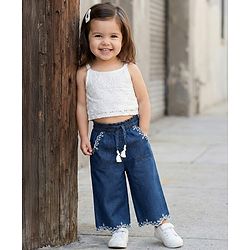Babyhug Full Length Cotton Denim Palazzo with Embroidery - Navy Blue