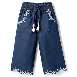 Babyhug Full Length Cotton Denim Palazzo with Embroidery - Navy Blue