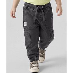 Babyhug Denim Full Length Washed Jeans With Stretch & Text Print - Black