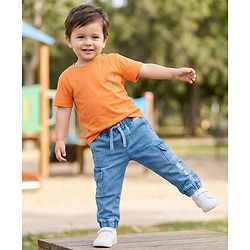 Babyhug Denim Full Length Jeans with Stretch & Born to Play Print - Blue