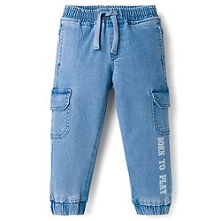 Babyhug Denim Full Length Jeans with Stretch & Born to Play Print - Blue