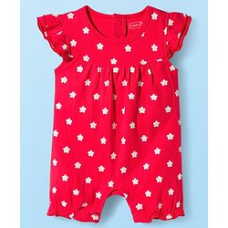 Babyhug 100% Cotton Interlock Knit Frill Sleeves Romper With Floral Print Pack Of 2 - Red & White