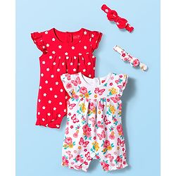 Babyhug 100% Cotton Interlock Knit Frill Sleeves Romper With Floral Print Pack Of 2 - Red & White