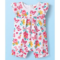 Babyhug 100% Cotton Interlock Knit Frill Sleeves Romper With Floral Print Pack Of 2 - Red & White