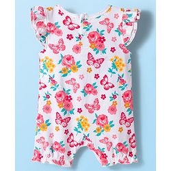 Babyhug 100% Cotton Interlock Knit Frill Sleeves Romper With Floral Print Pack Of 2 - Red & White