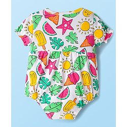 Babyhug 100% Cotton Interlock Knit Half Sleeves Onesies With Tropical Theme Print & Booties & Hairband - White
