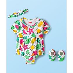 Babyhug 100% Cotton Interlock Knit Half Sleeves Onesies With Tropical Theme Print & Booties & Hairband - White